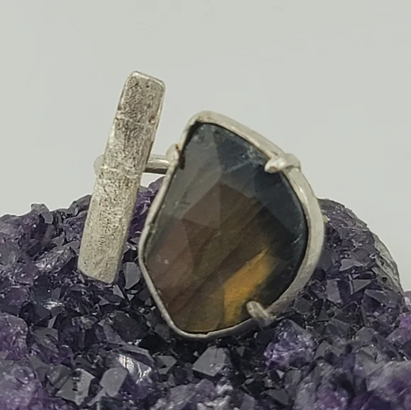 LABRADORITE ADJUSTABLE RING HANDMADE IN STERLING SILVER METAL - Picture 4 of 9